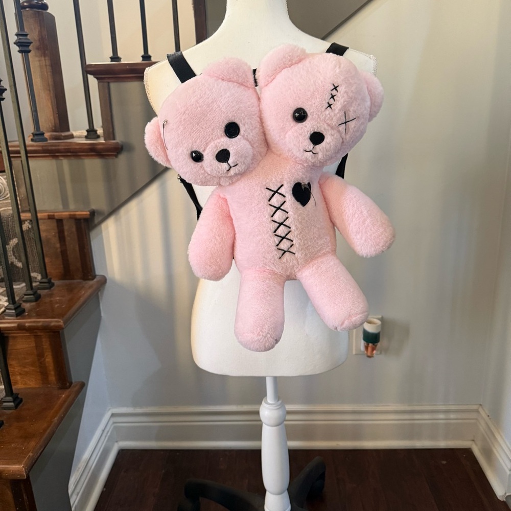 Hot Topic Social Collision light pink two-headed goth bear plush backpack
NWT